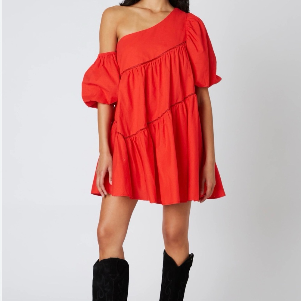 Cotton Candy One-Shoulder Dress in Bold Red